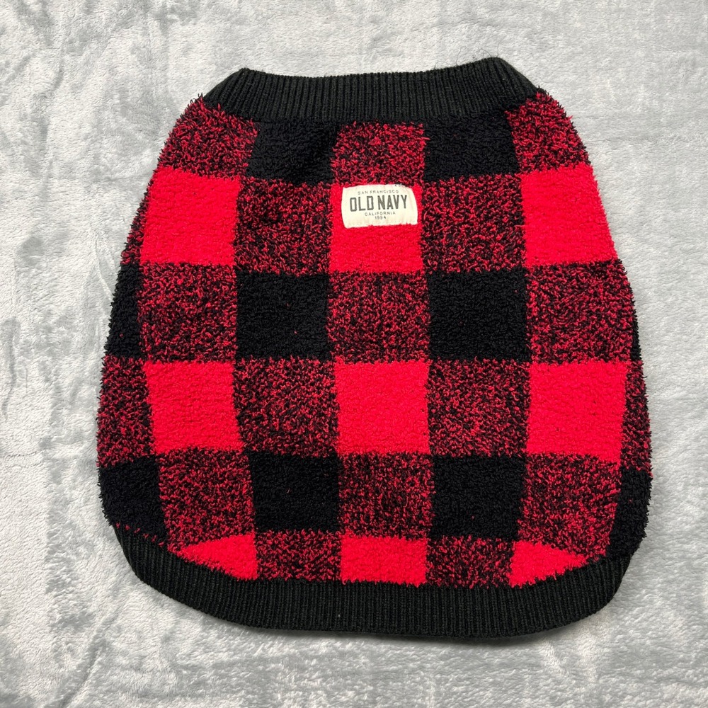 Old Navy Pet Sweater Large Red Black Buffalo Plaid Popcorn Knit Leash Hole